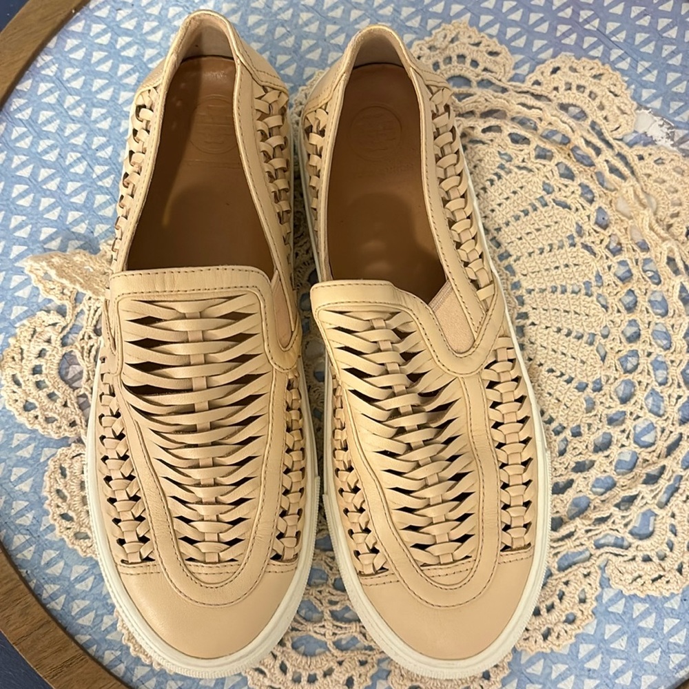 Tory Burch Beige Woven Leather Slip-On Flats